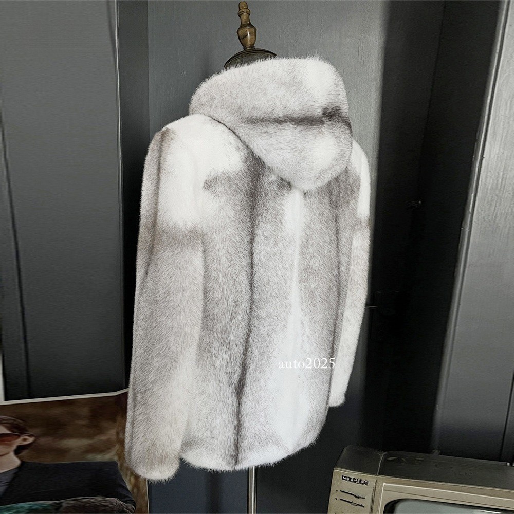 Winter Plus Size Mink Fur Coat Mens Hooded Zipper Short Zip Jacket Warm Outwear