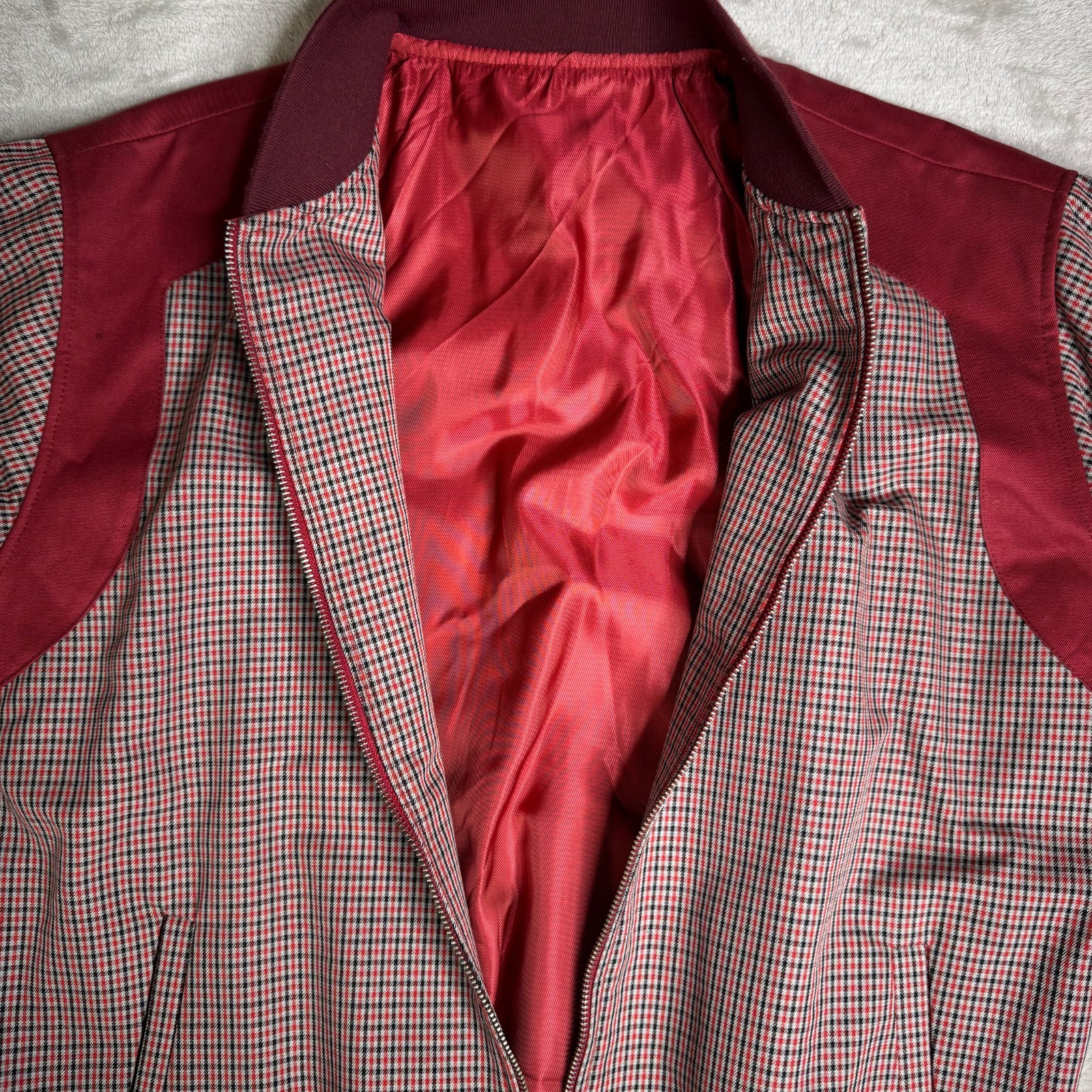 5001 Flavors Mens L Full zip bomber jacket designer Custom Lined Plaid Burgundy