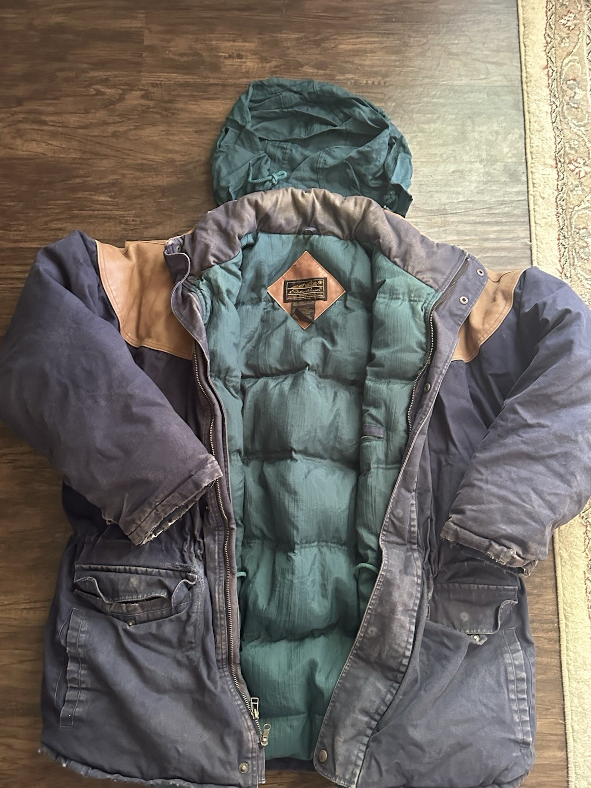 Eddie Bauer Goose Down Tall XL Insulated Hooded Parka Blue Brown Green
