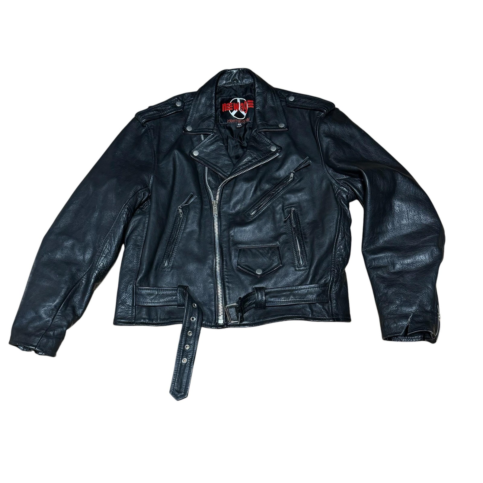 New Age International Jacket Mens 46 Black Leather Motorcycle Biker Belted Zip