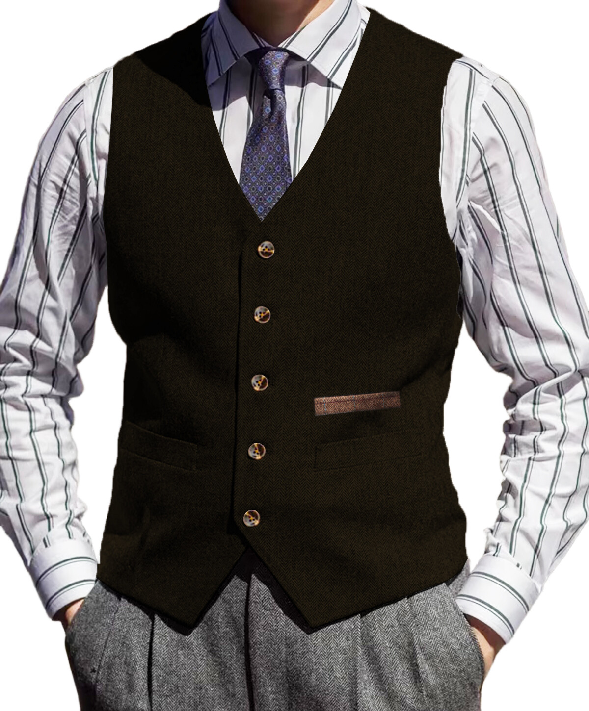 Tweed Vest Mens V-Neck Grooms Waistcoat Wool Waistcoat Herringbone Vintage Retro