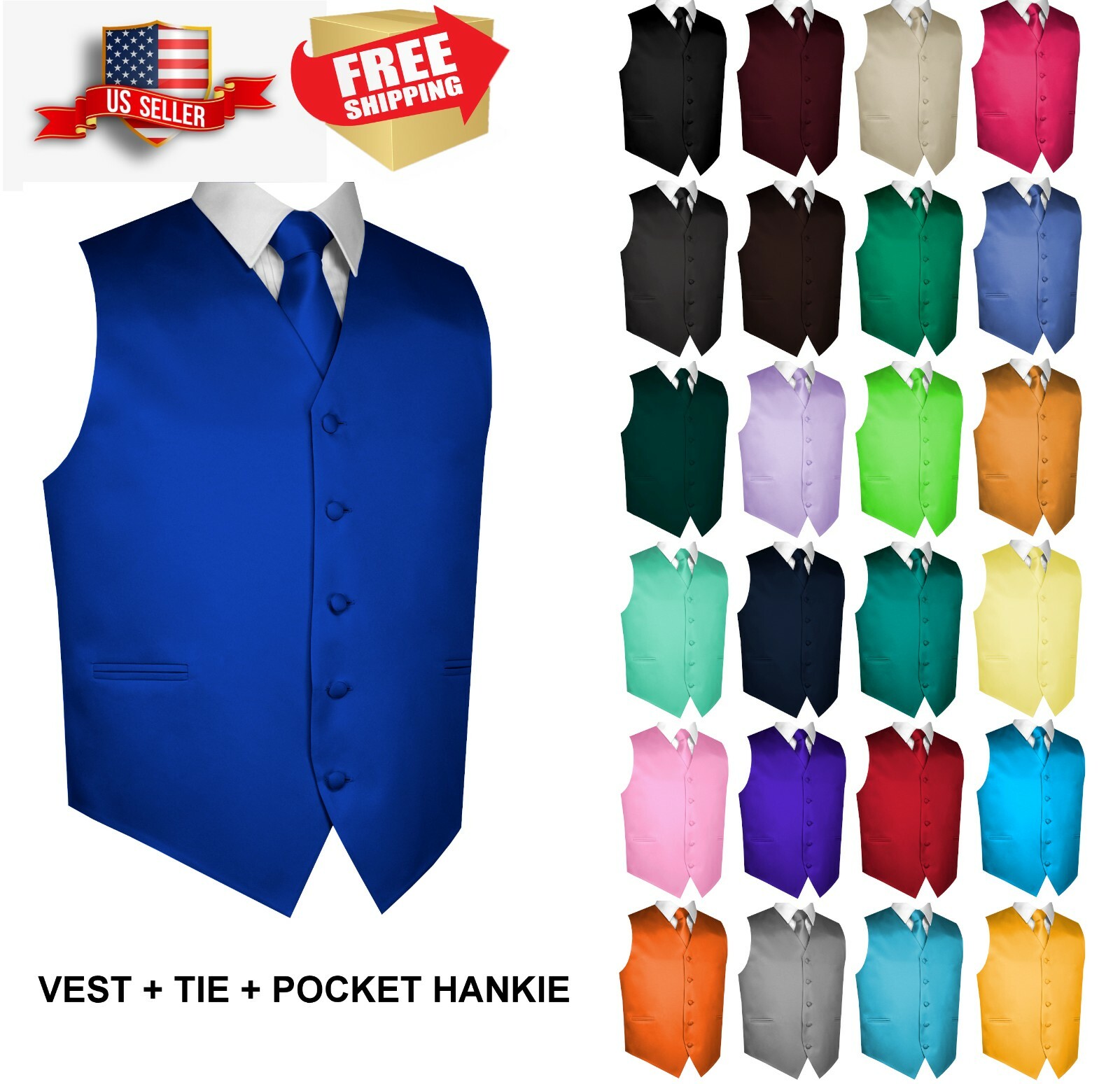 Men’s Solid Satin Tuxedo Vest, Tie and Hankie. Formal, Dress, Wedding, Prom