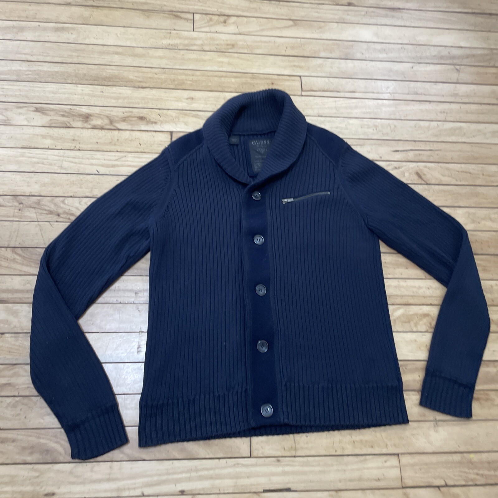 GUESS Cowl Neck Wool Blend Ribbed Jacket Men M Blue Business Zip Button Knit
