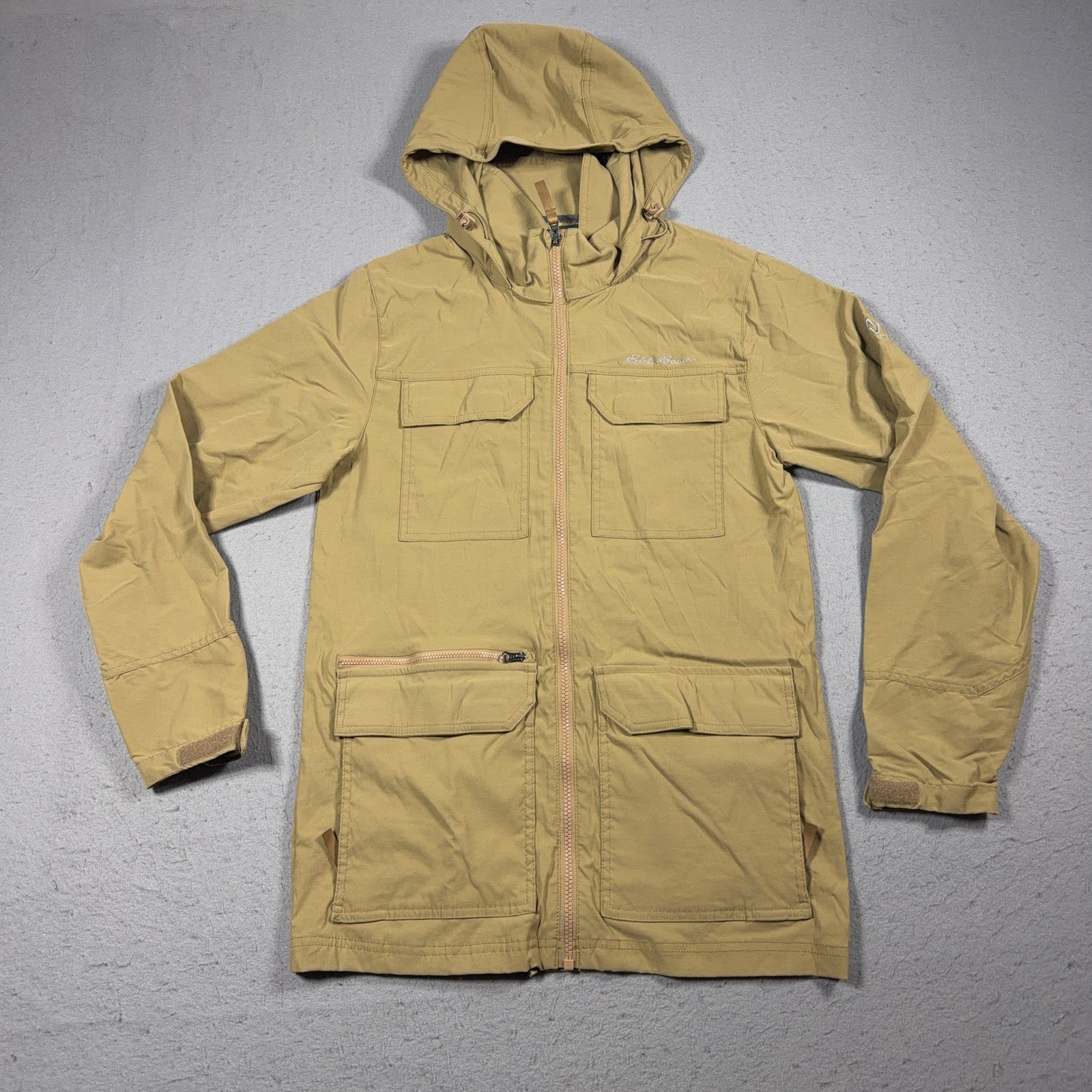 Eddie Bauer N2 Travex Jacket Men Small Tan Nylon Spandex Hooded Utility Safari