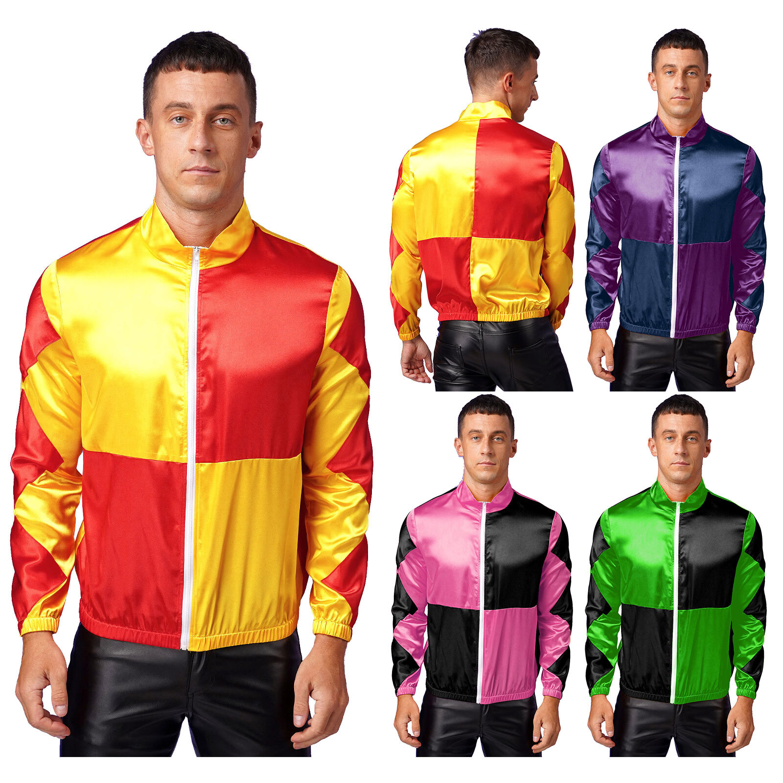 US Mens Checkerboard Jackets Front Zipper Outerwear Horse Satin Contrast