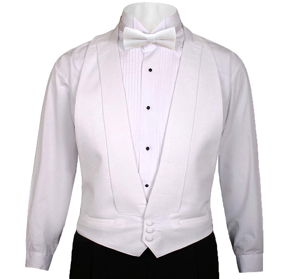 White Cotton Pique Tuxedo Openback(backless) Vest with White Pique BowTie