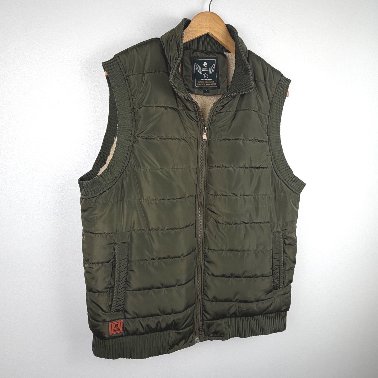 Cool Choice Mens Olive Green Sherpa Lined Puffer Vest Quilted Outdoor Large