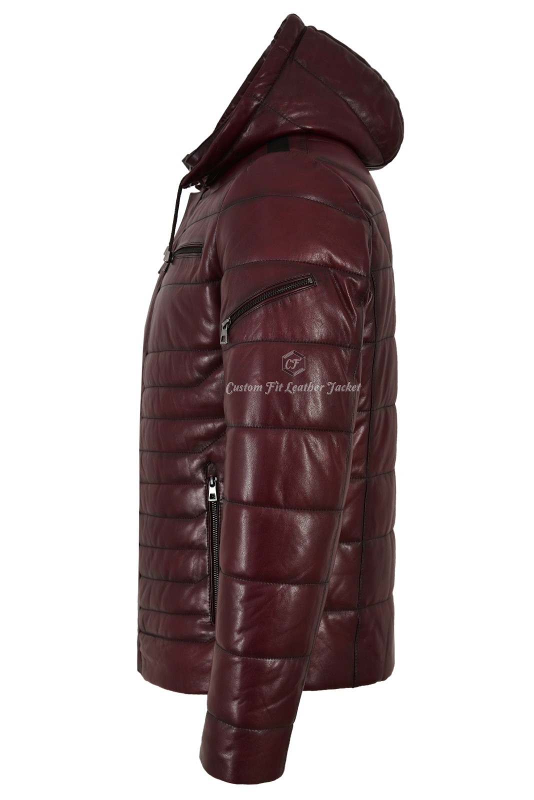 Men’s Puffer Hooded Lambskin Leather Jacket Cherry Real Napa Fully Quilted 2006