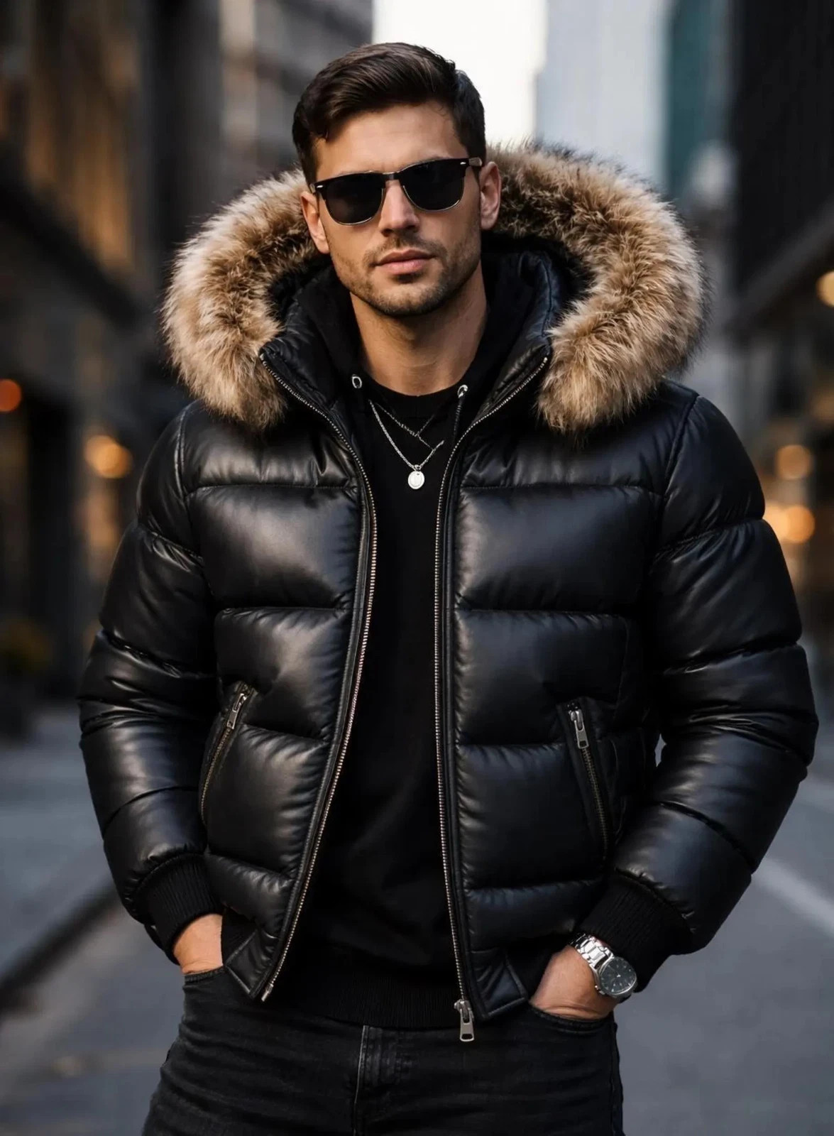 Men’s Genuine Leather Puffer Jacket Black Fur Hood Winter Bomber Coat