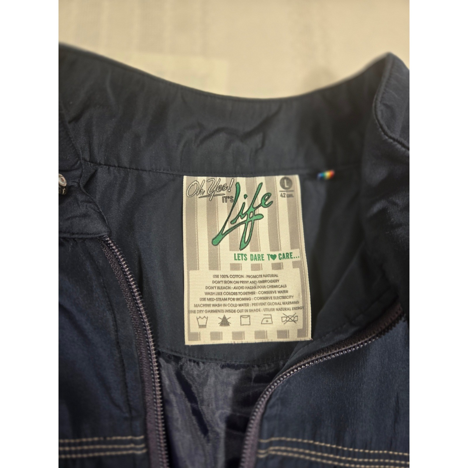 Oh Yes! It’s Life Mens Navy Blue Full Zip Bomber Jacket Striped Trim Size L
