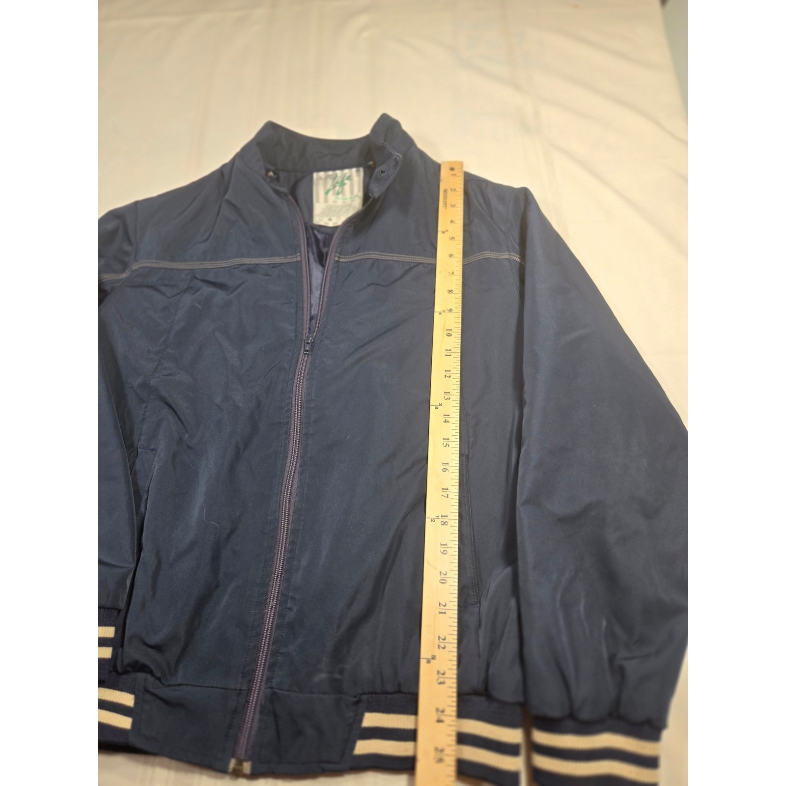 Oh Yes! It’s Life Mens Navy Blue Full Zip Bomber Jacket Striped Trim Size L