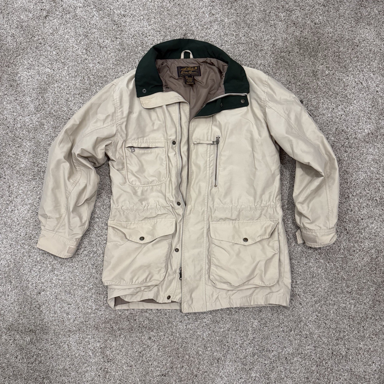 Eddie Bauer Beige Mid-Length Jacket Men’s Button Zip Lined Casual Size S
