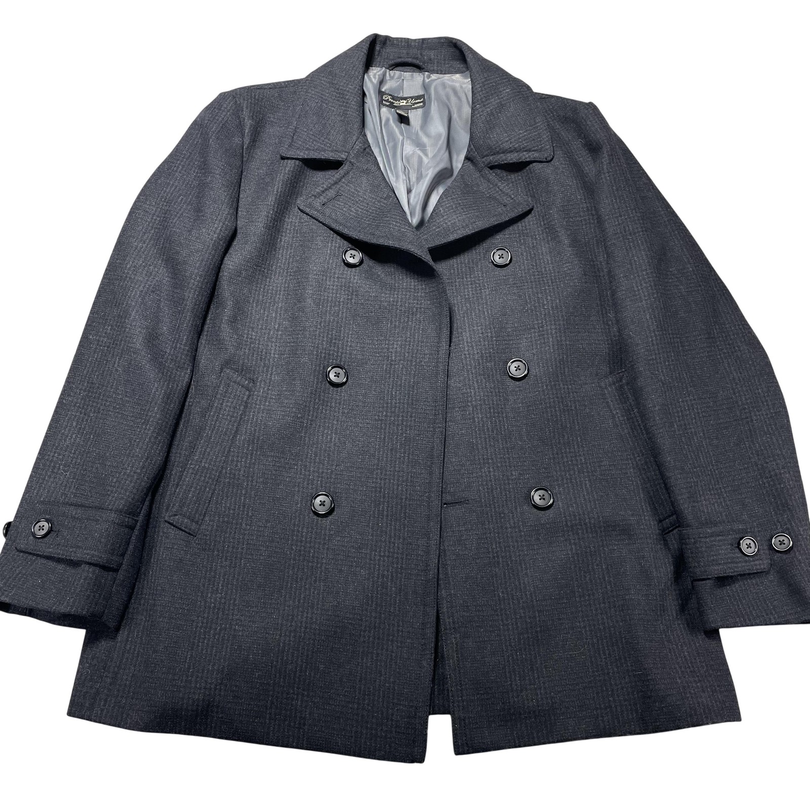 Pronto Uomo Coat Mens Large Gray Wool Blend Pea Coat Check Wool Lined Winter