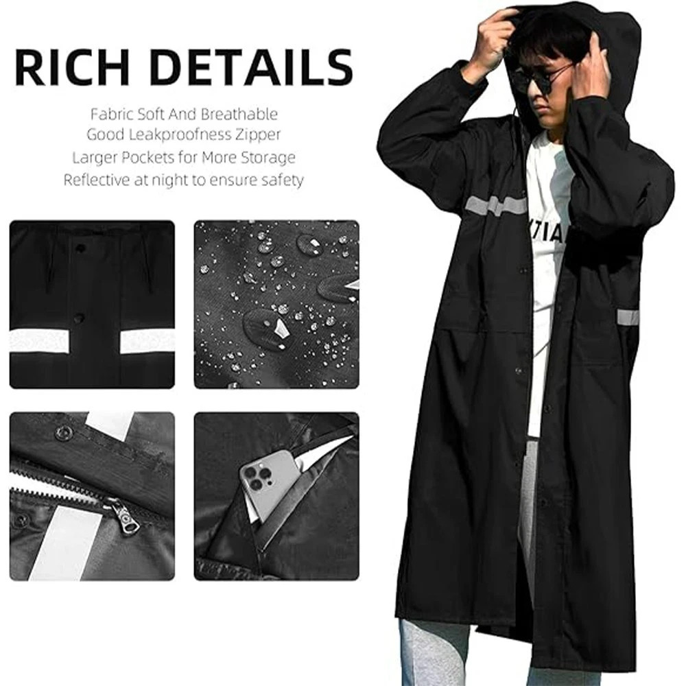 Men Black Waterproof Long Raincoat Hooded Trench Jacket Outdoor Hiking Rain Coat