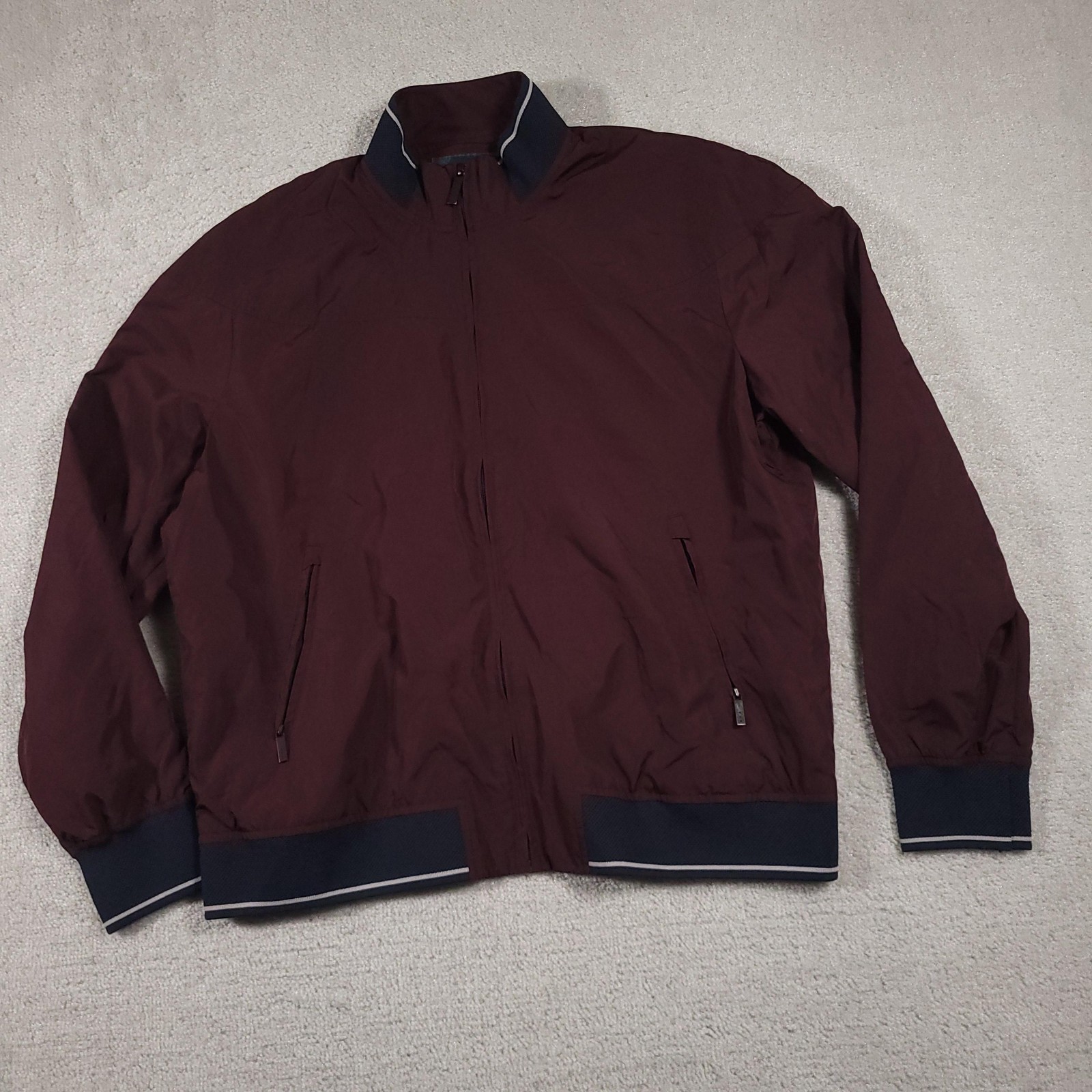 Perry Ellis Jacket Mens Large Full Zip Bomber Windbreaker Polyester Navy Trim