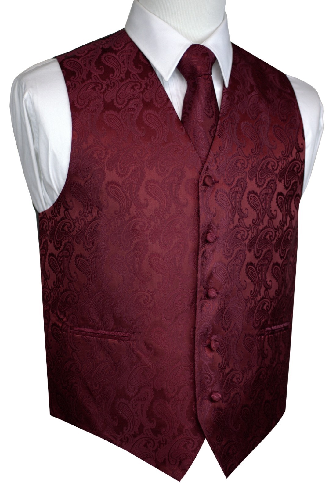 MEN’S BURGUNDY PAISLEY FORMAL TUXEDO VEST, TIE & HANKIE SET. WEDDING FORMAL PROM