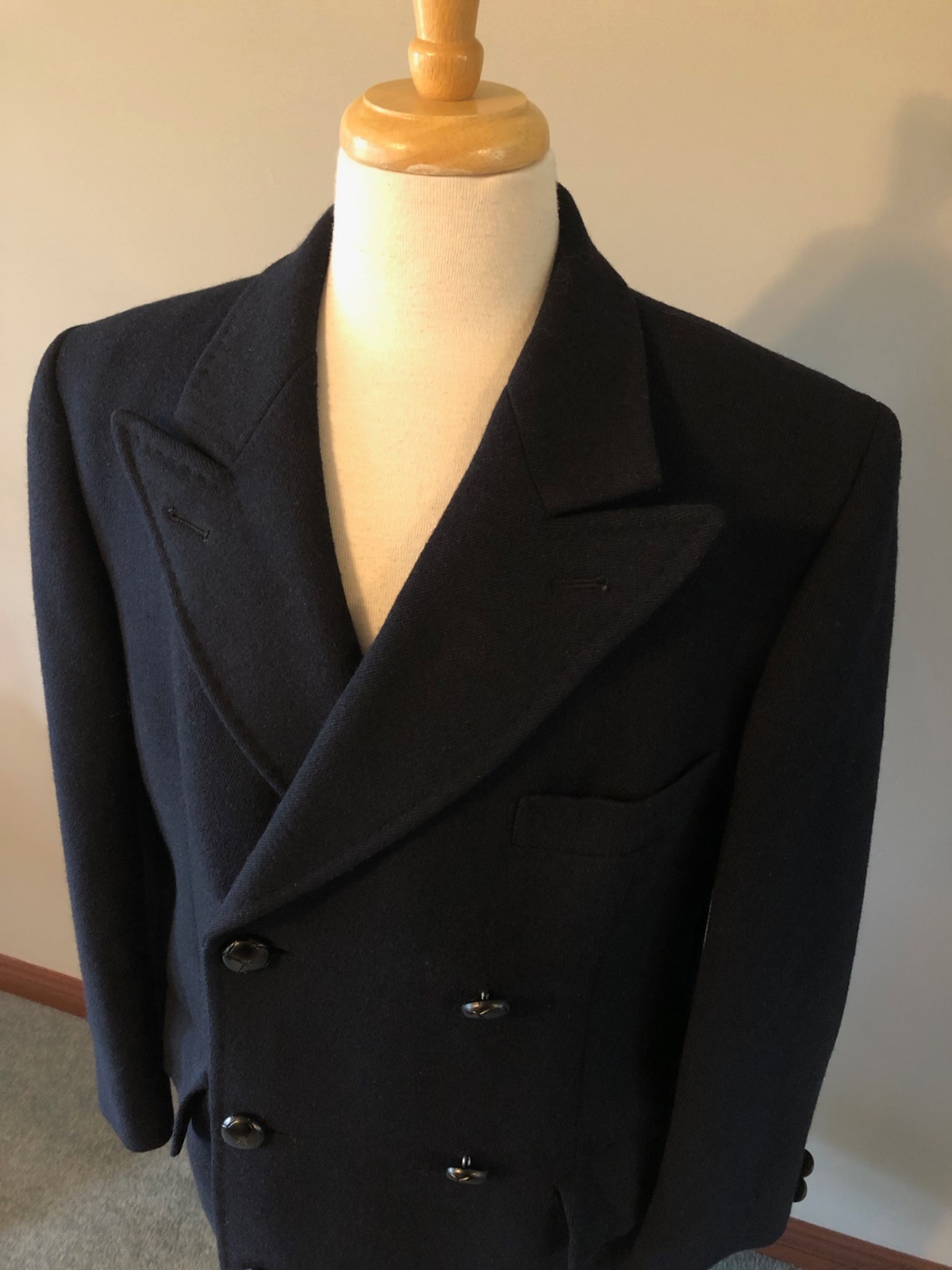 Men’s Bloomingdales Navy Wool Double-Breasted Overcoat-Size 40R-Made in England