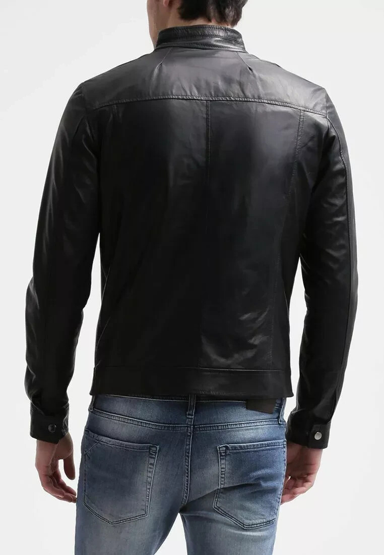 CLASSIC New Men’s Black Silver Zipper Jacket 100% Real Lambskin Moto BikerJacket