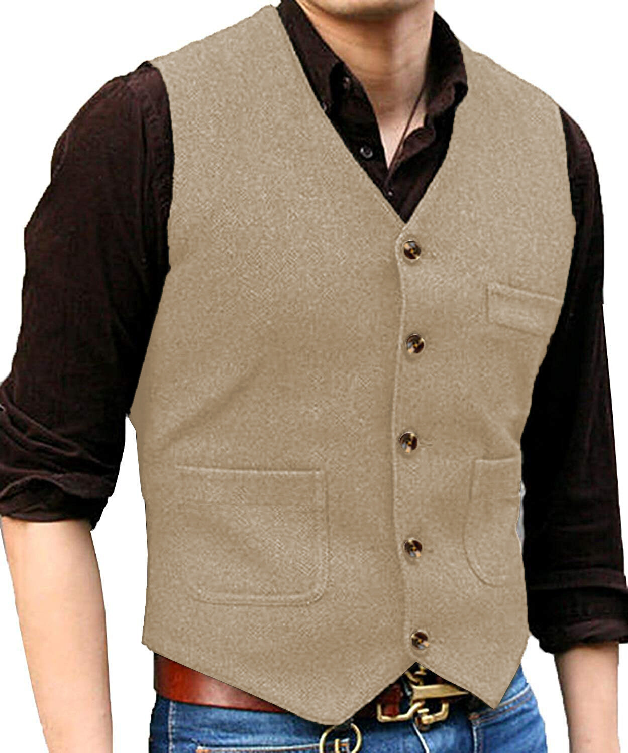 Men Suit Herringbone Waistcoat Tweed Vest Wedding Vintage Wool Groomsman Hunting