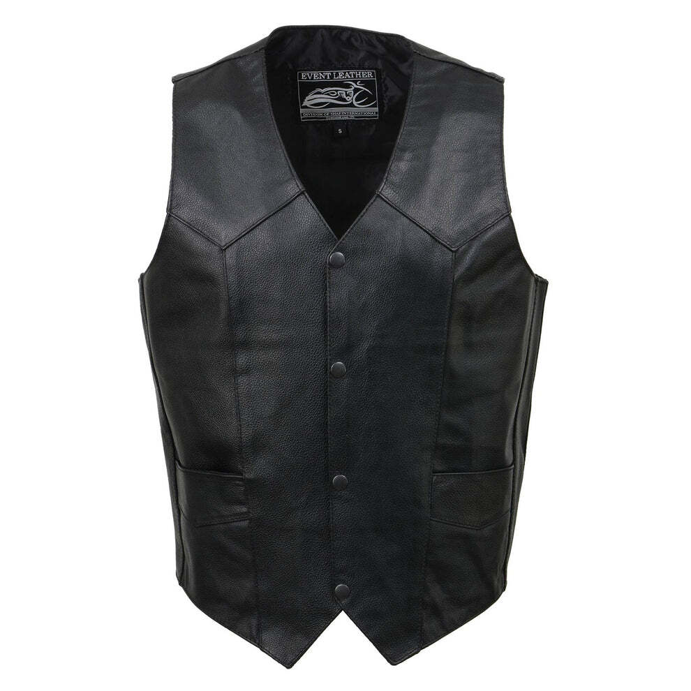 Event Leather EL5310 Men’s Classic V-Neck Black Leather Motorcycle Riding Vest