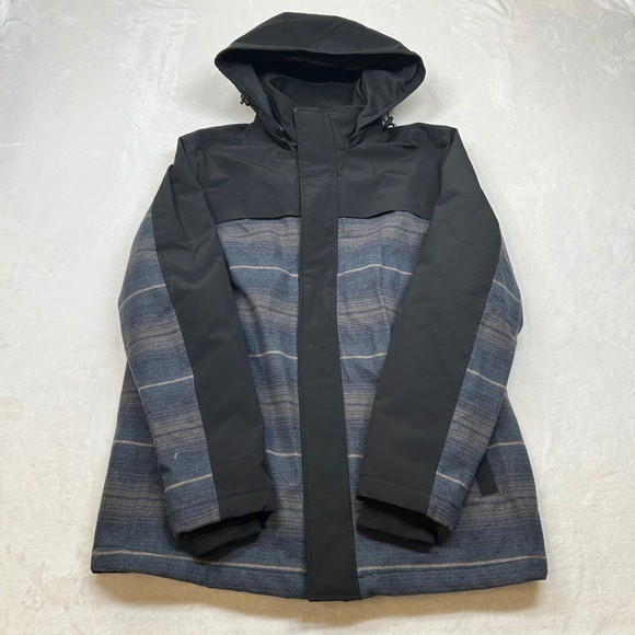 Pendleton Hooded Softshell Jacket Mens Medium Black Blue Striped Wool Stretch