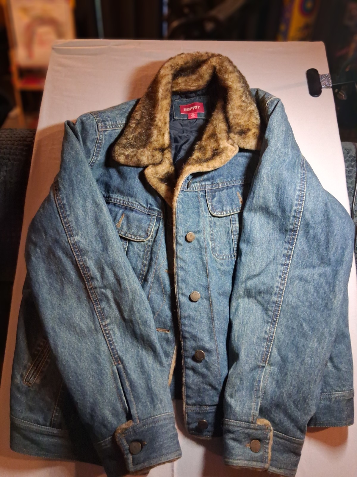 Esprit Unisex Adults XL Blue Denim Jacket Lined Faux Fur Trim Button Closure A17