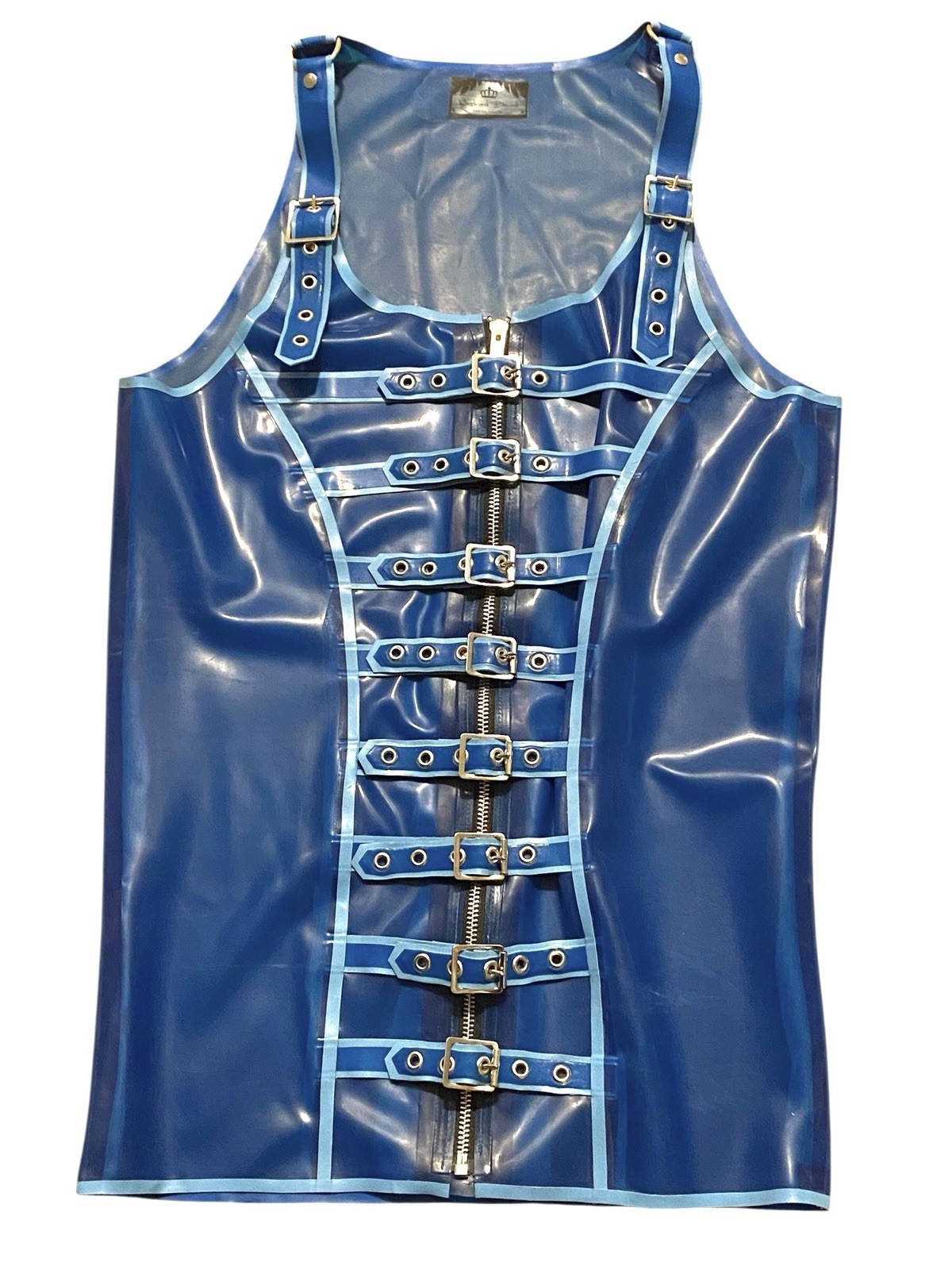 Westward Bound Blue Latex Rubber Buckle Vest Top Men’s Baby Blue Fetish Wear