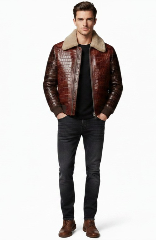 Men,s Real Crocodile Embossed Leather Jacket Shearling Collar Bomber Coat Brown.