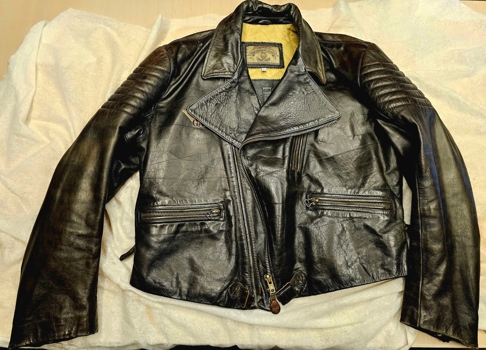 Giorgio Armani, 90s Black Leather Biker Size Large Patina Vintage