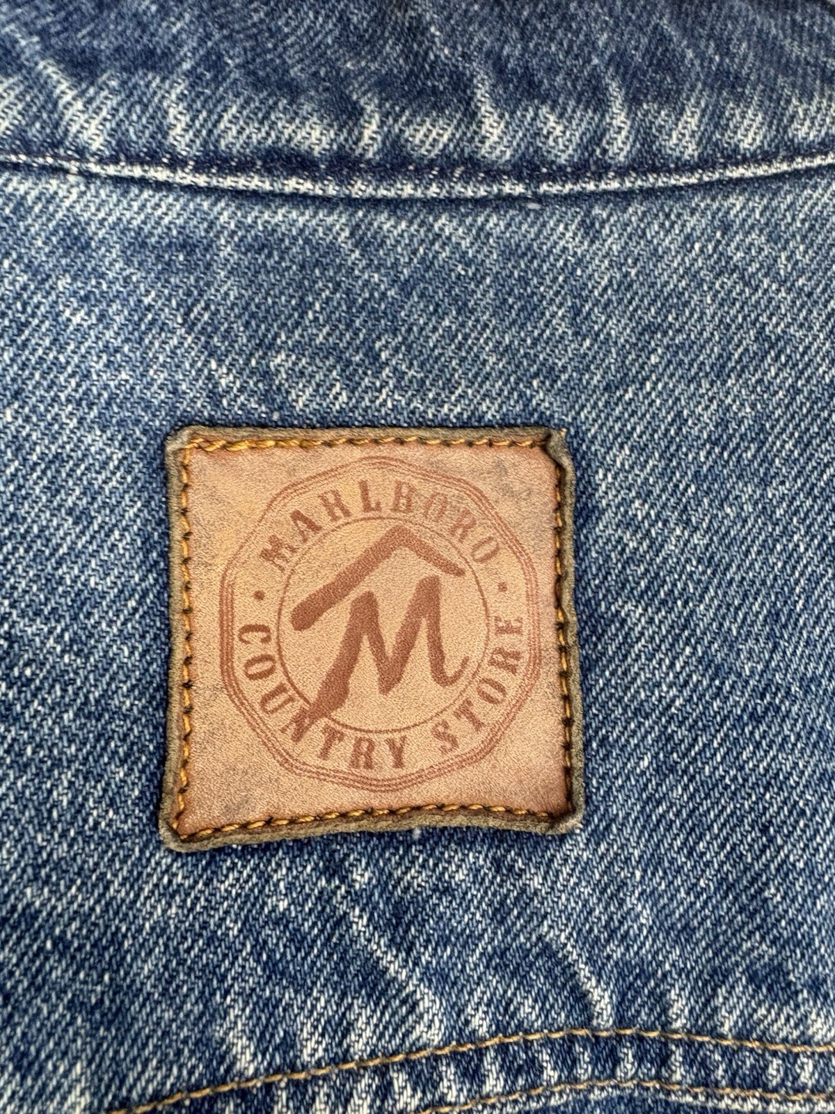 Marlboro Country Store Denim Jacket Leather Collar Flannel Lined Men’s Large 90s