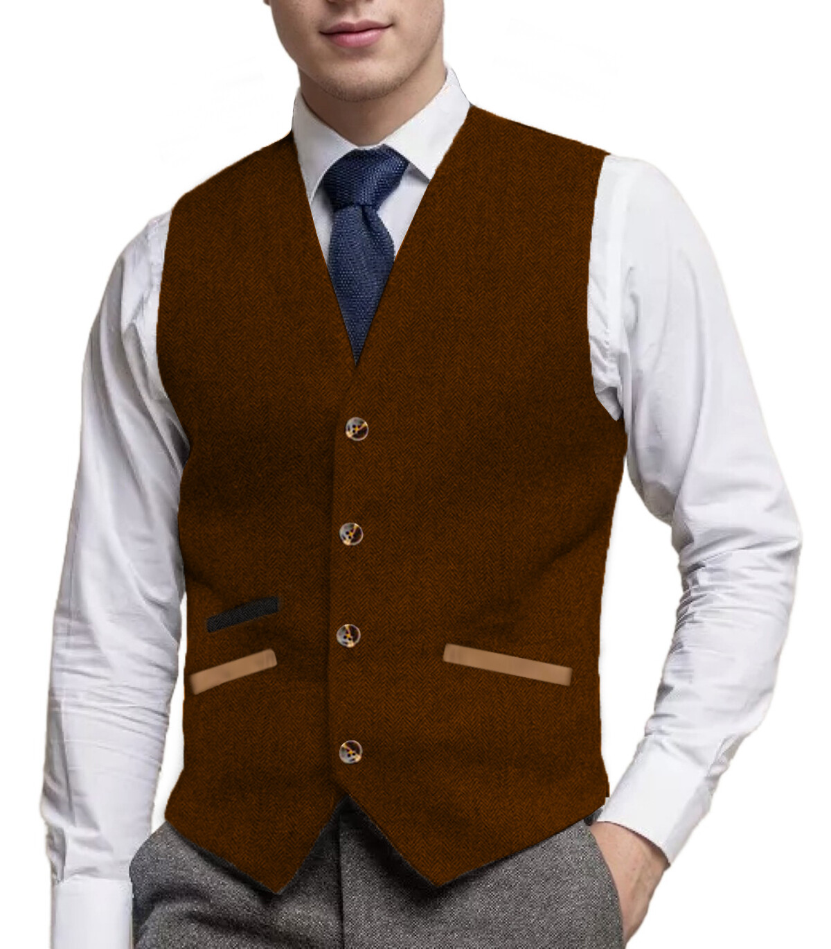 Men Hipster Vest Pocket Soft Vintage Tweed Herringbone Suit Waistcoat Retro Wool