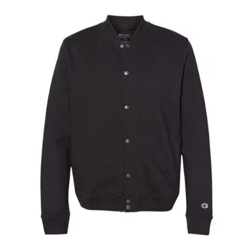 New Champion Mens Black Snap Up PolyCotton Athletic Wear Varsity Bomber Jacket