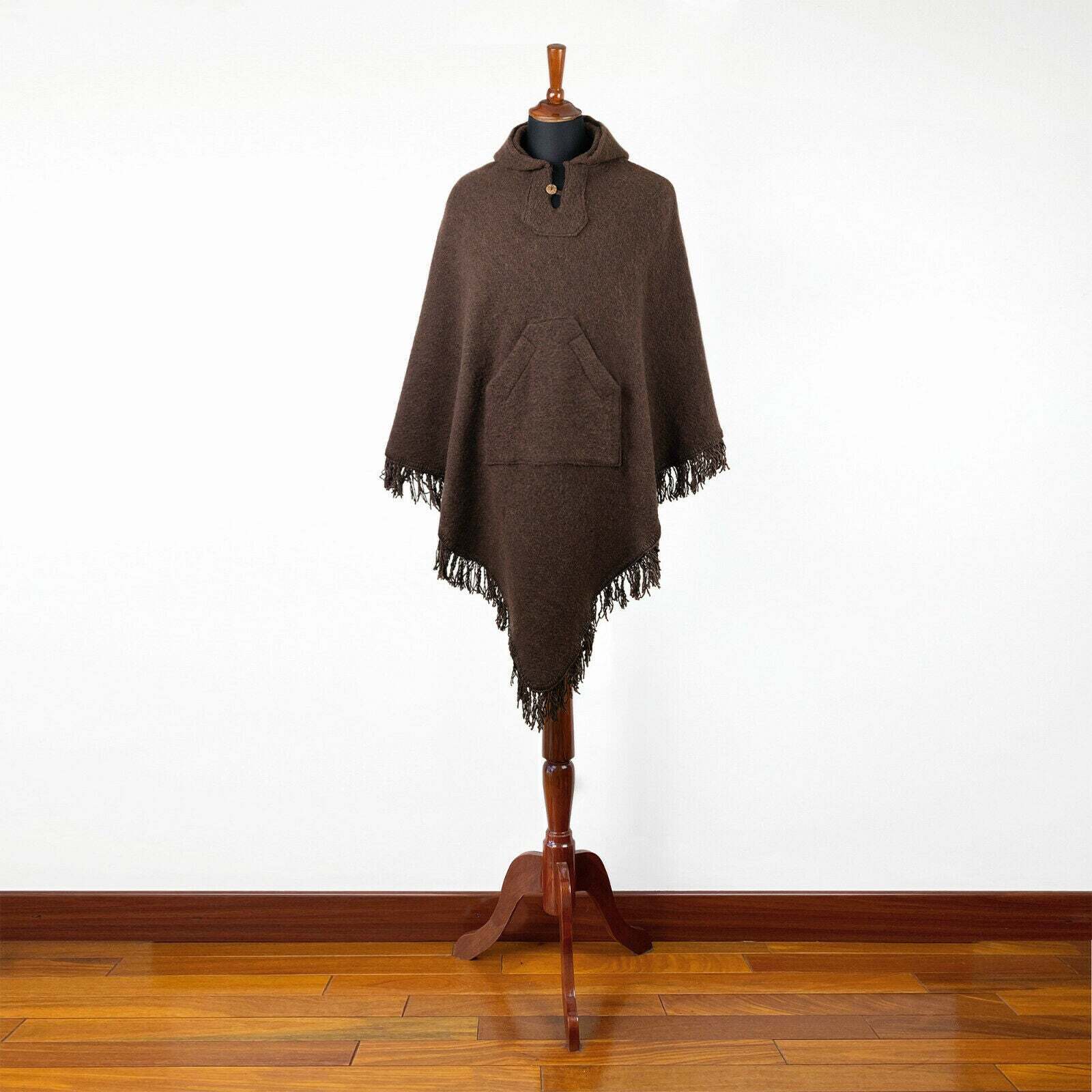 Surfers Poncho with hood and pocket llama wool ALL SEASONS UNISEX – BROWN