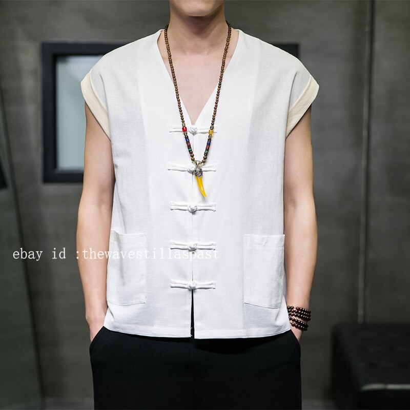 Men Cotton Linen Waistcoat Vest Sleeveless Tang Suit Jacket Kung Fu Tai Chi Vest