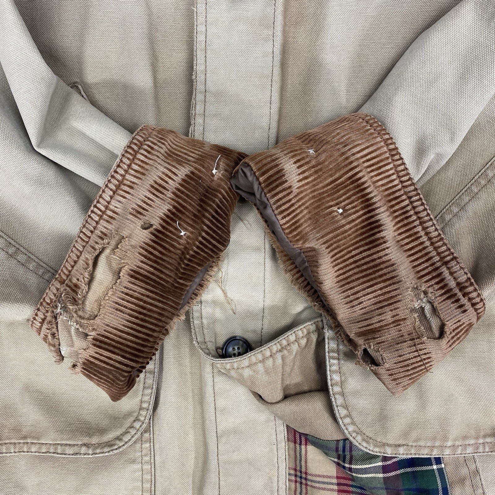 Vtg Lands End Jacket Mens Sz XL Tan Field Barn Chore Coat Corduroy Thrashed Fade