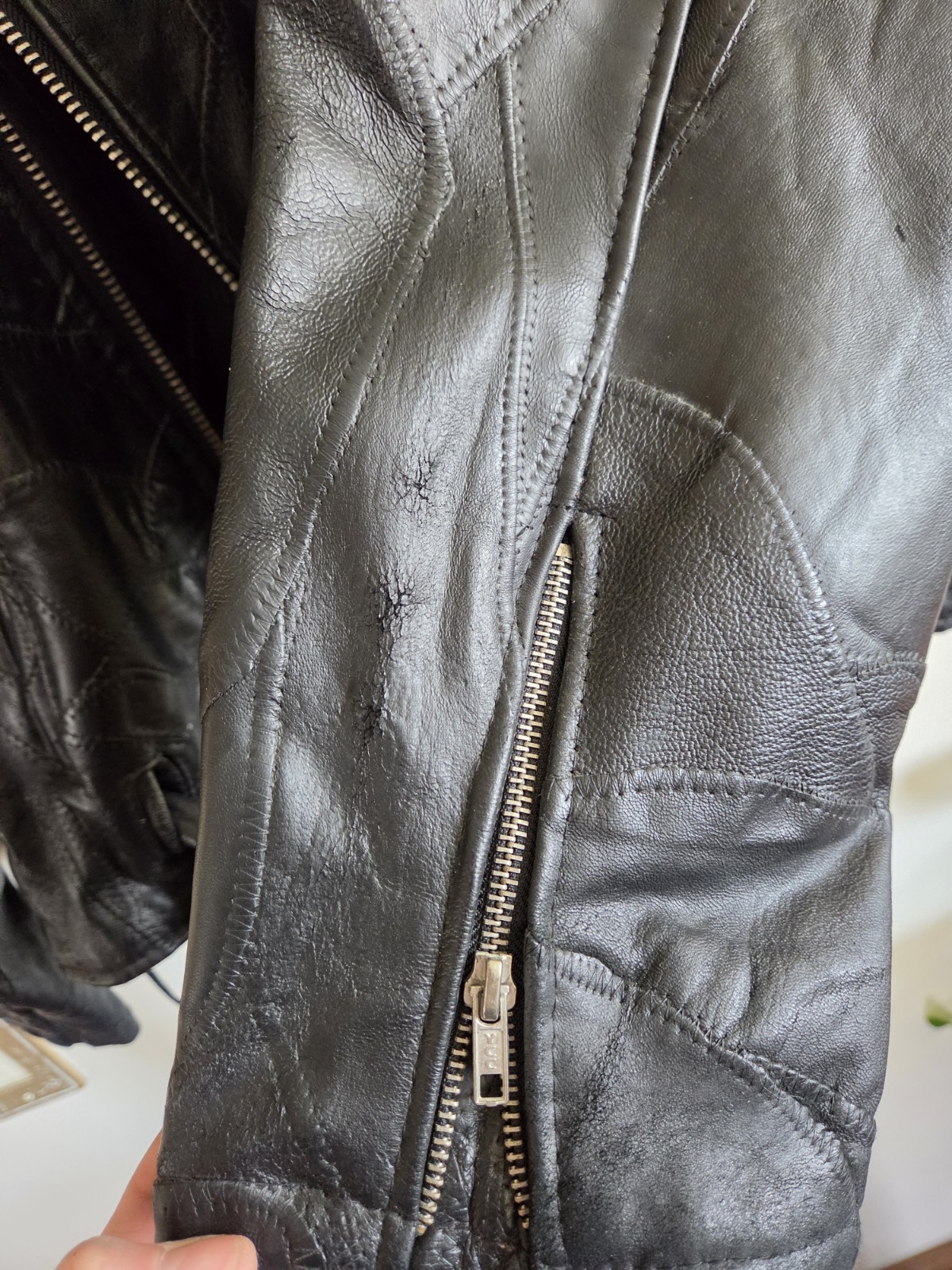 Vtg Diamond Plate D-Pocket Buffalo Leather Motorcycle Jacket Black Biker Moto