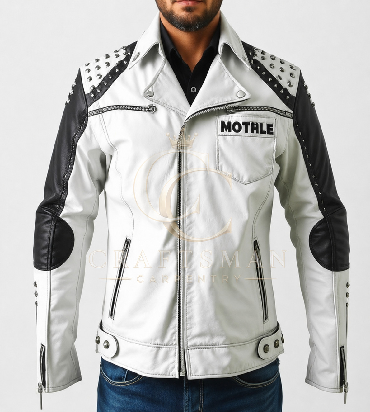 Handmade Men’s Black and White Biker Jacket with Contrasting Shoulder & Sleeves