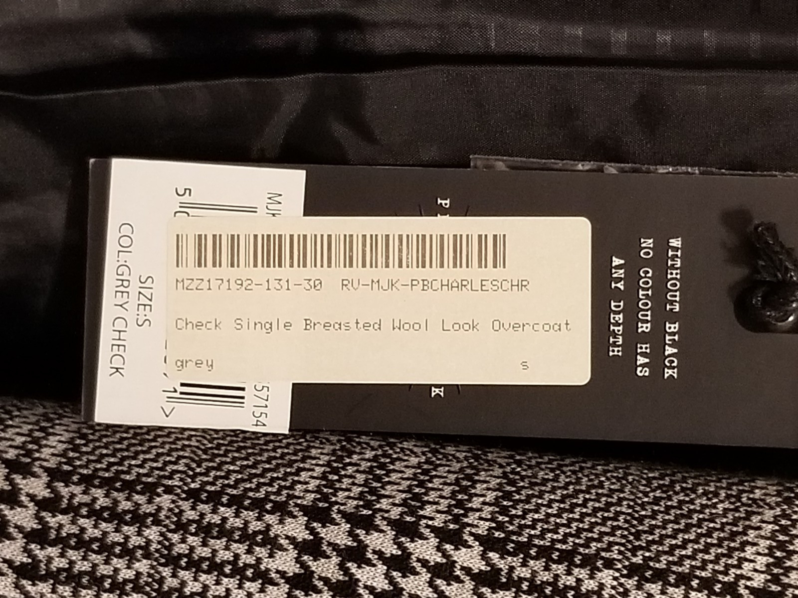 Process Black Single Breasted Wool Look Overcoat Men Small Gray Check Lined