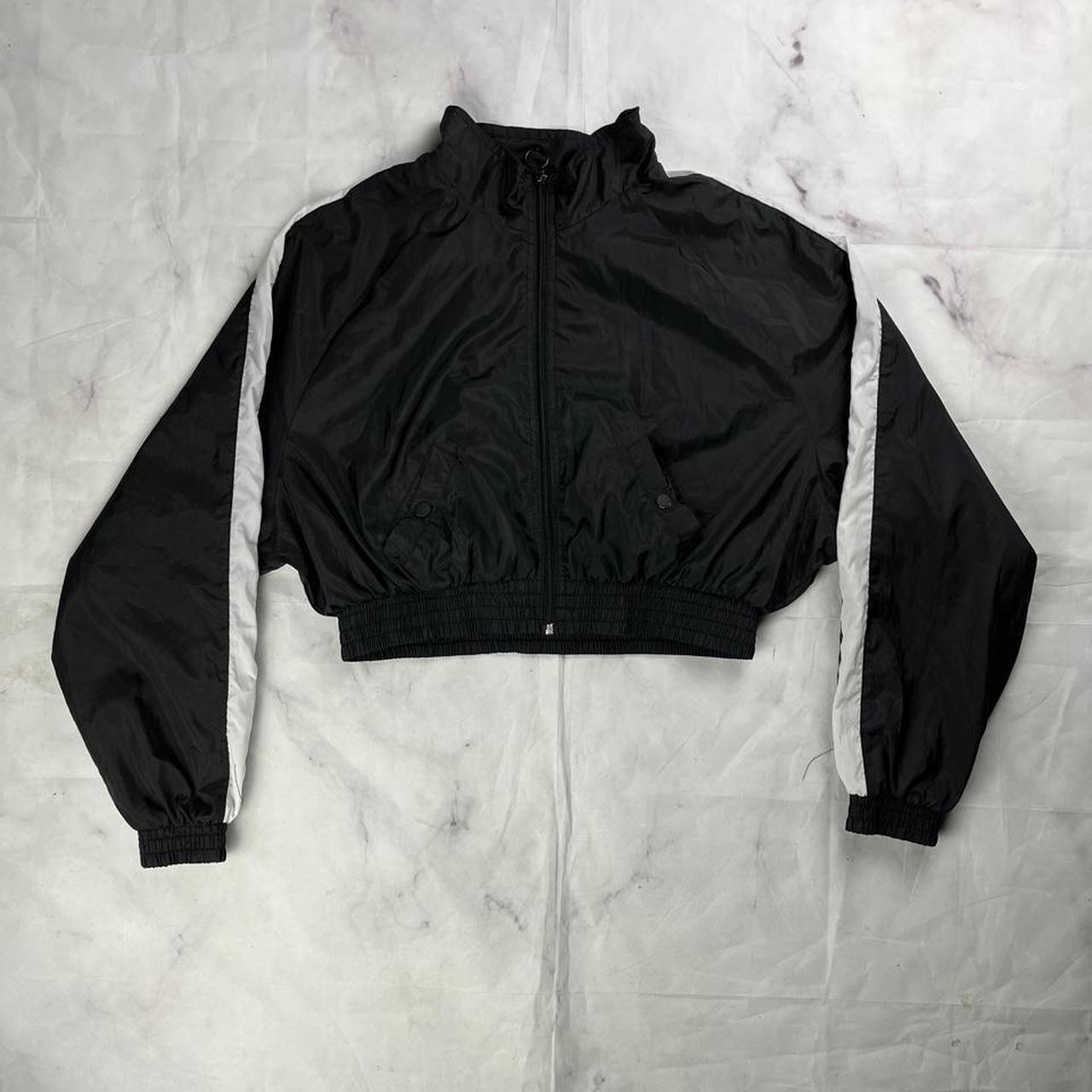 Black and White Cropped Windbreaker Jacket with Zip Closure