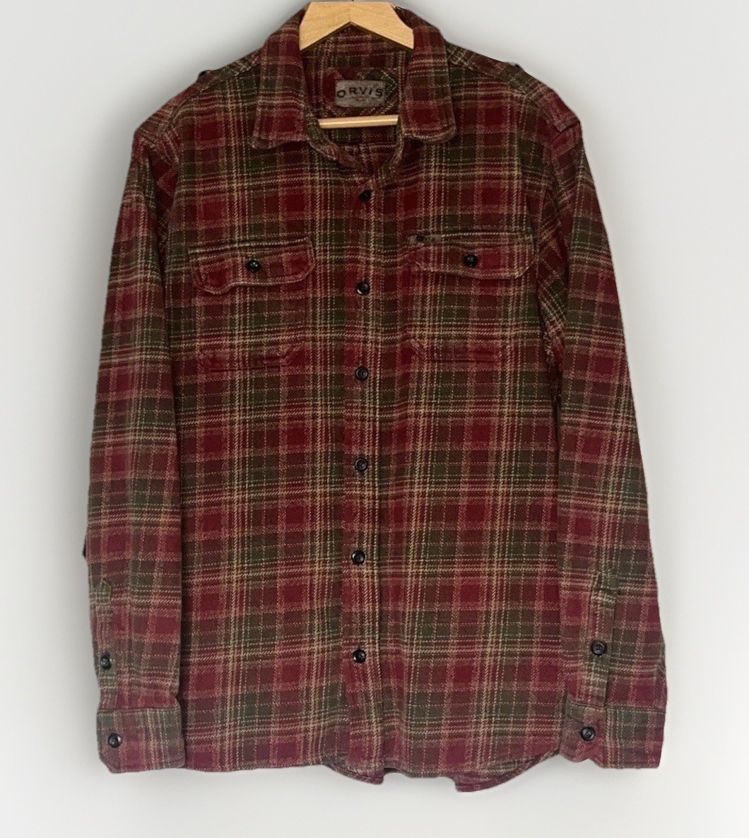Mens L Orvis Heavy Weight Flannel Shirt Thick Jacket Plaid Button Up Pockets