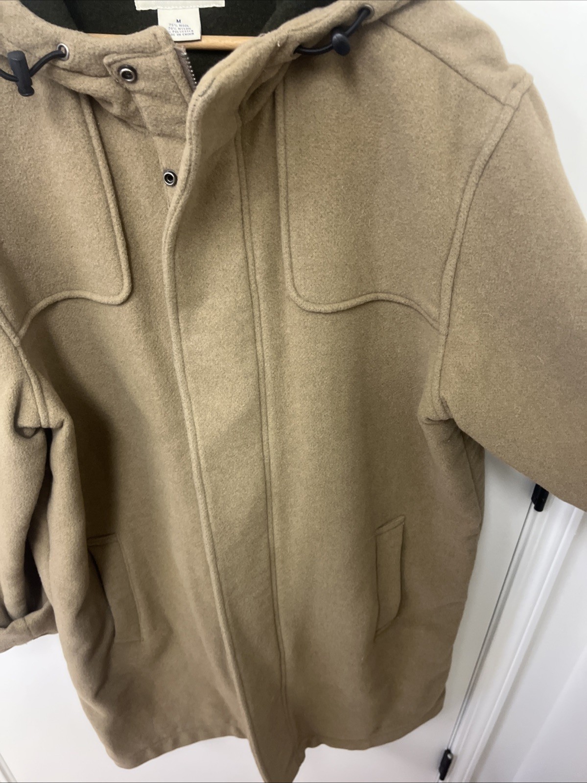 J Crew Wool Long Pea Coat Jacket Men Medium Brown Full Zip Button Drawstring