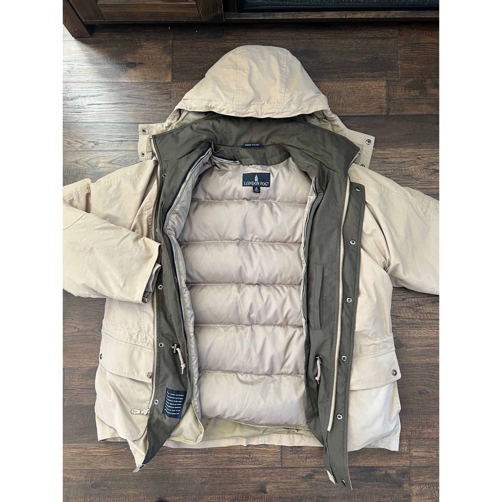 Vintage London Fog Mens Tan Down Filled Parka Hooded Coat Medium removable liner
