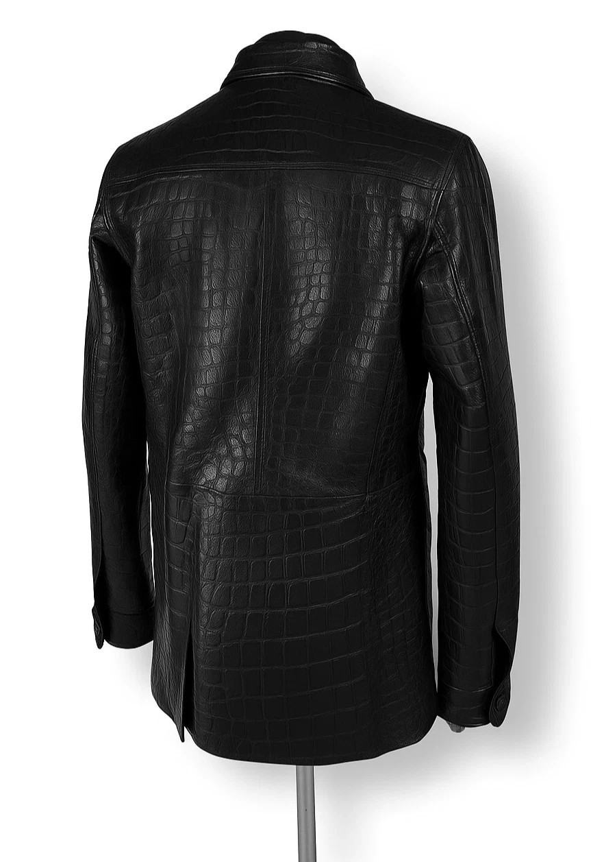 Men’s Black Crocodile Embossed Leather Jacket Safari Style Flap Pockets Coat