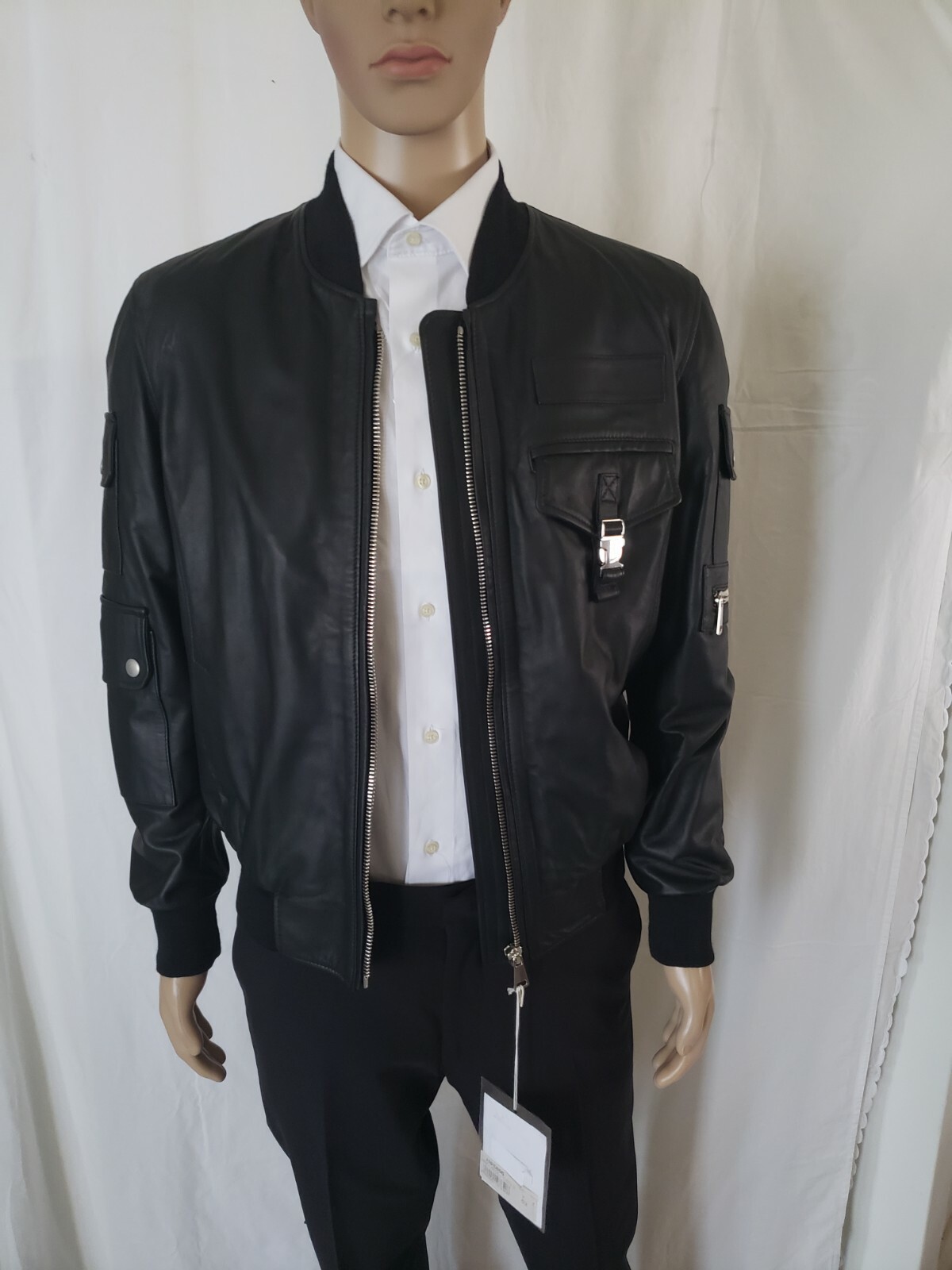 YES LONDON Men’s Black Leather Bomber Jacket Size 42/Large