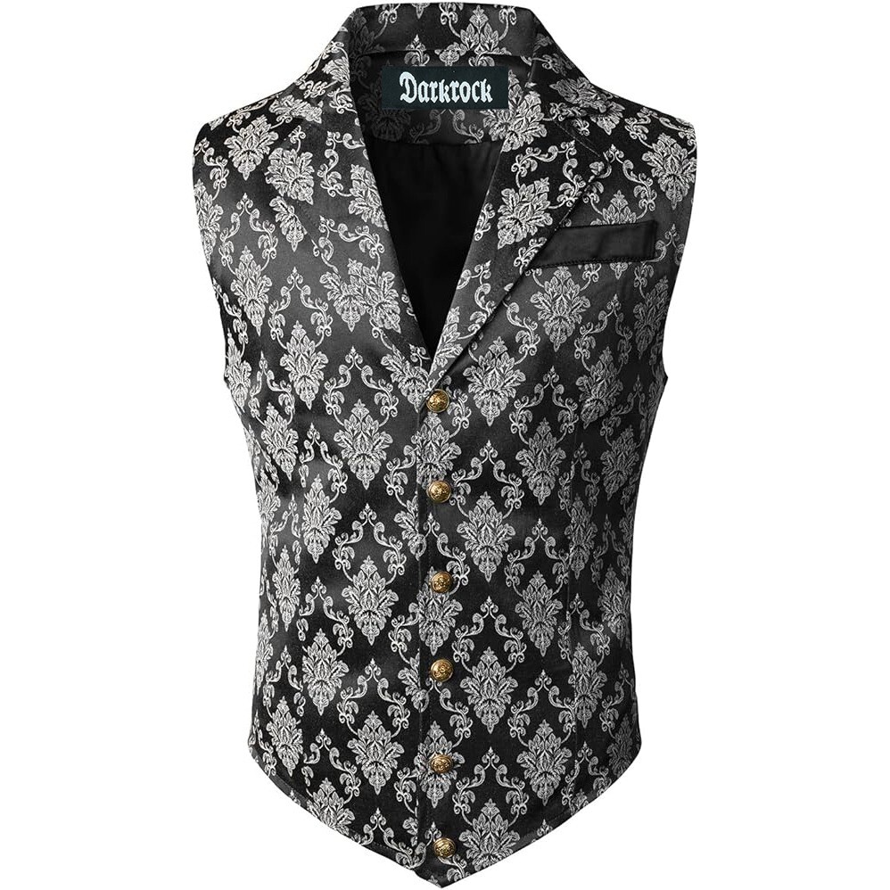Men Gothic Victorian Black/Silver Brocade Waistcoat Vest Jacquard Tuxedo Vest