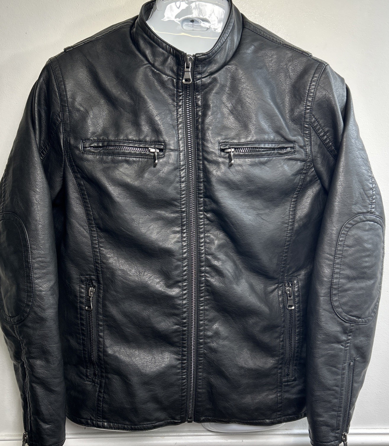 Men’s Vegan Leather Zip Motorcycle Jacket M Black Quilted Moch Neck Jos A Bank
