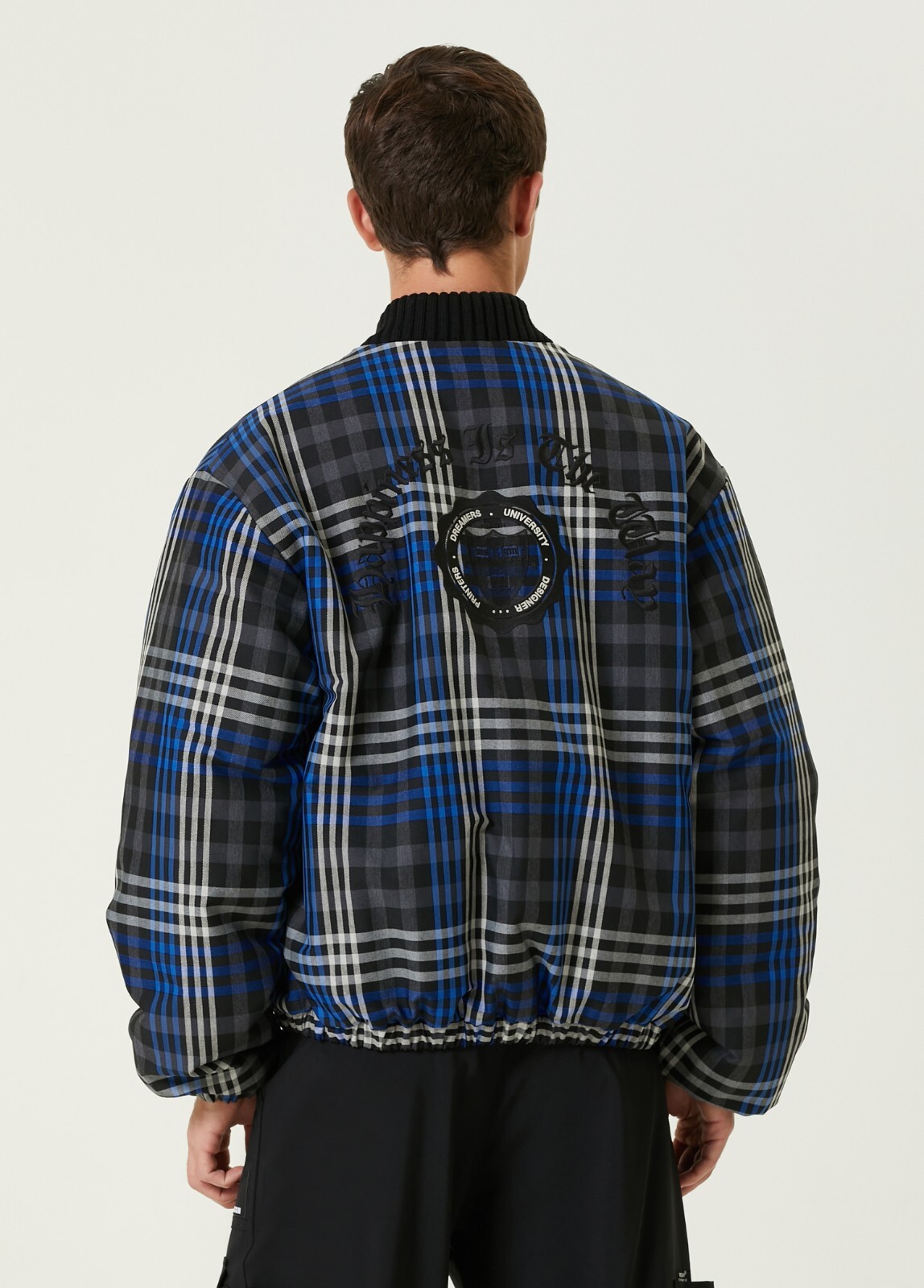 (NO CUSTOMS TAX) MSGM Milano gray & blue plaid puffer bomber jacket Size Large