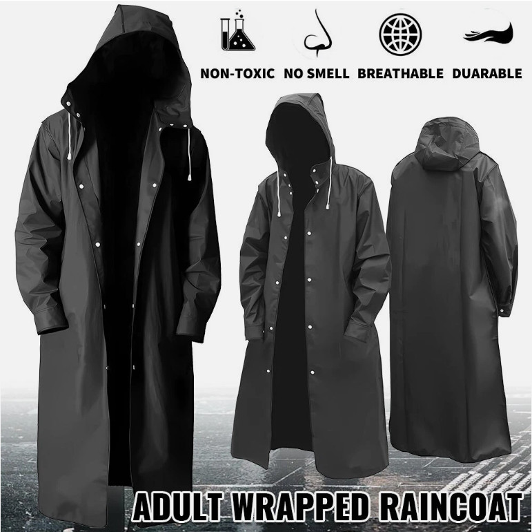 Men Waterproof Long Raincoat Black Rain Coat Hooded Trench Jacket Outdoor Hiking