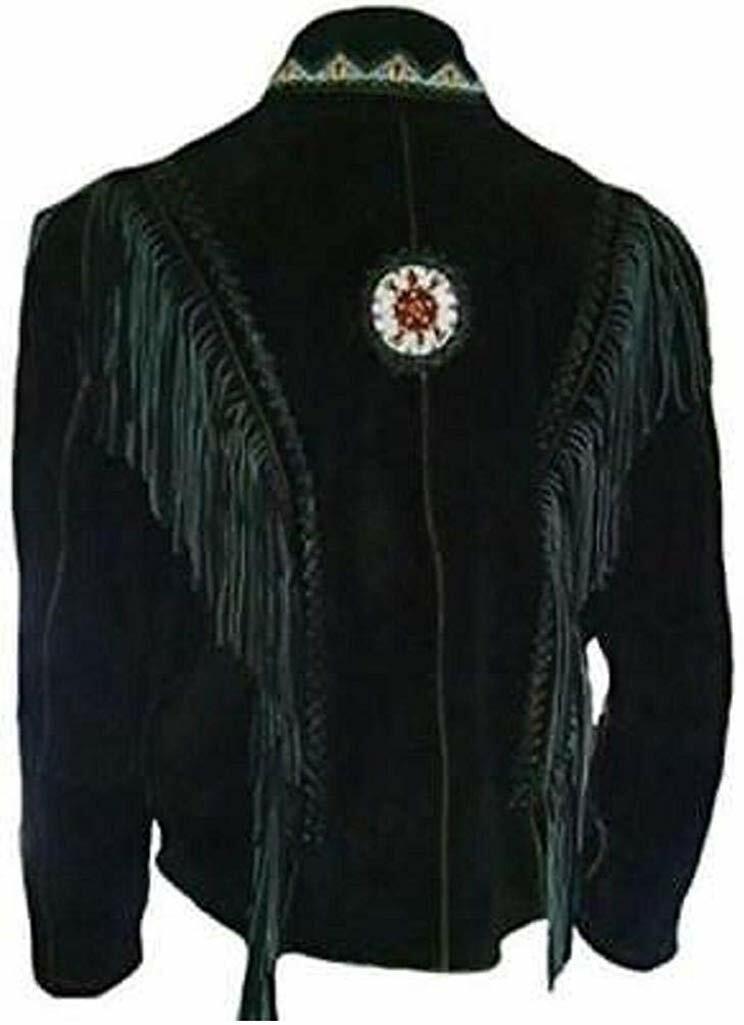 Men Native American Cowboy Leather Jacket Fringe & Beads Western Suede Jacket