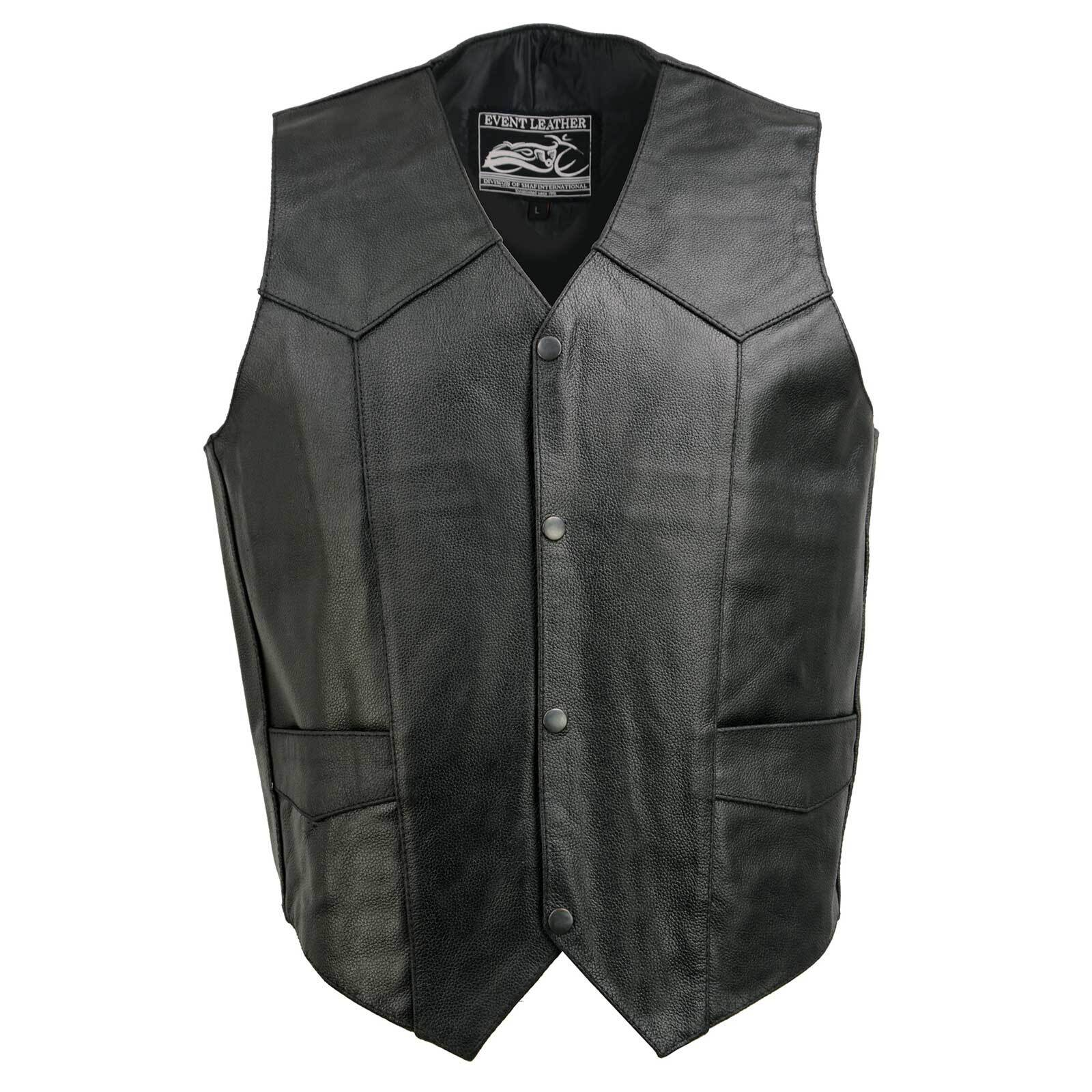 Event Leather EL5310 Men’s Classic V-Neck Black Leather Motorcycle Riding Vest